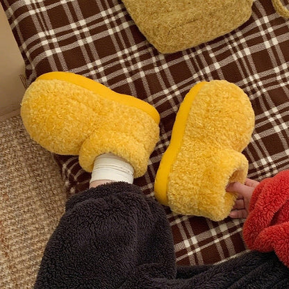 Cute yellow oversized toe plush slippers with fleece texture and TPR sole, warm indoor shoes