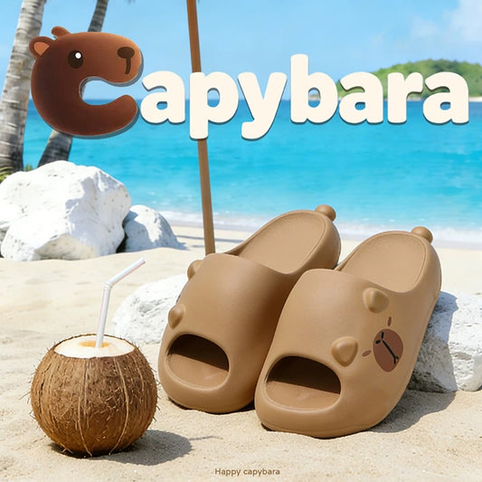 Cute brown capybara EVA slide sandals with 3D ears and printed face, lightweight indoor slip-on shoes