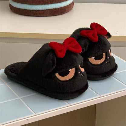 Cute black cat plush slide slippers with removable red bow and sleepy eyes, fuzzy indoor shoes with PVC sole