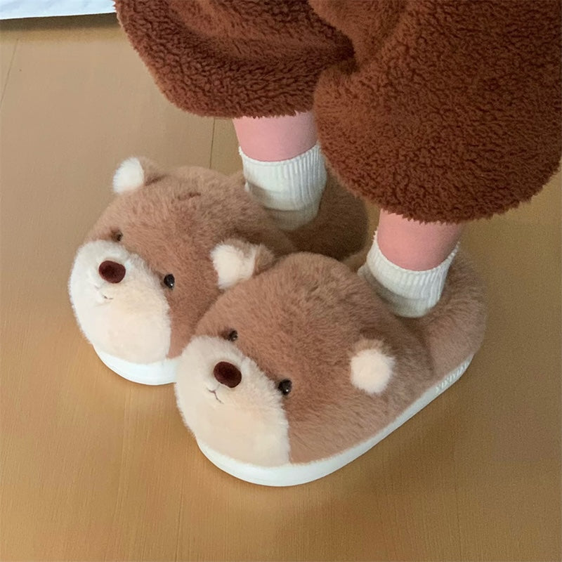 Cute light brown bear design closed-back plush slippers with white muzzle and white inner ears, indoor shoes with EVA sole