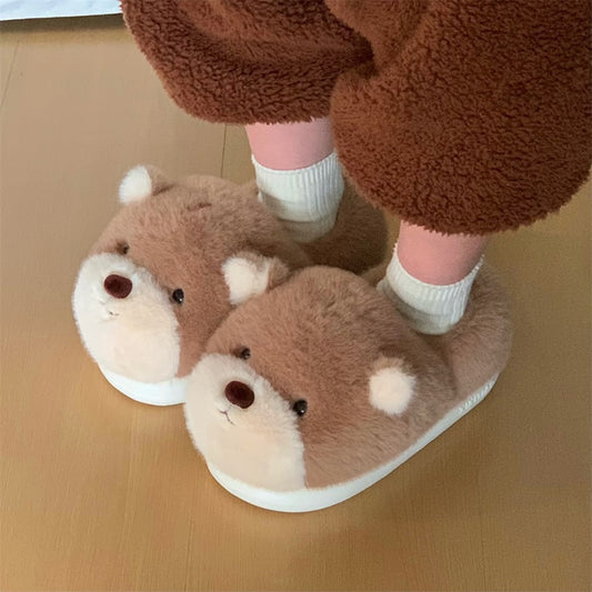 Cute light brown bear design closed-back plush slippers with white muzzle and white inner ears, indoor shoes with EVA sole