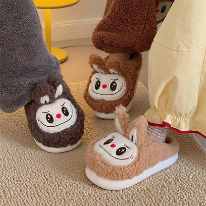 Cute dark brown fuzzy bunny slippers with white face patch and short ears, indoor shoes with EVA sole