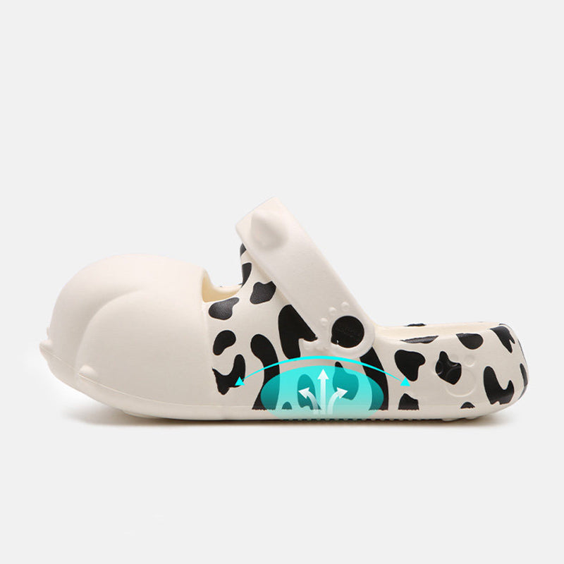 Cute gray leopard print cat paw EVA clogs with 3D toes and adjustable strap, lightweight indoor shoes