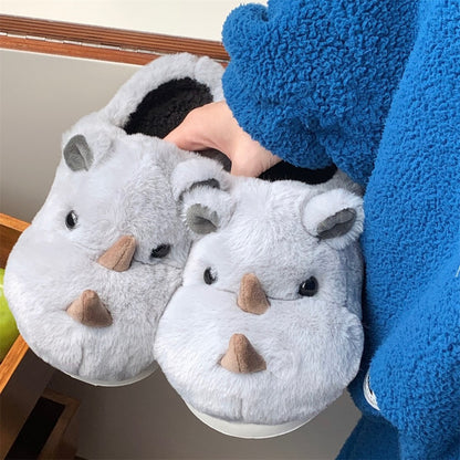Cute grey rhino plush slippers with brown horns and black fluffy lining, fuzzy indoor shoes with EVA sole