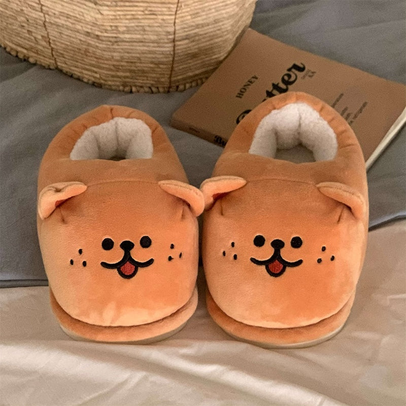 Cute brown Shiba Inu dog face bootie slippers with 3D ears and embroidered face, fuzzy indoor shoes with PVC sole