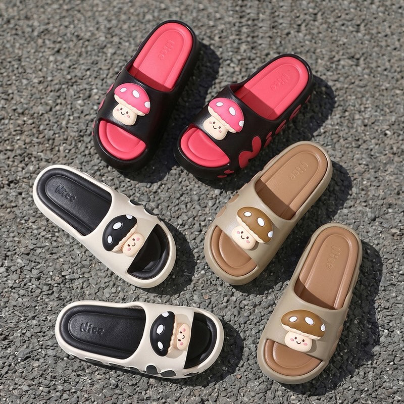 Cute beige mushroom character EVA slide sandals with black dot cap and "Nice" print, chunky indoor shoes
