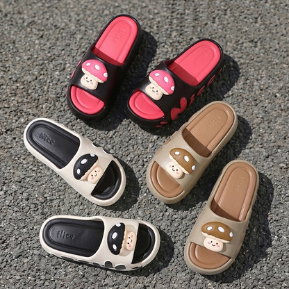 Cute beige mushroom character EVA slide sandals with black dot cap and "Nice" print, chunky indoor shoes