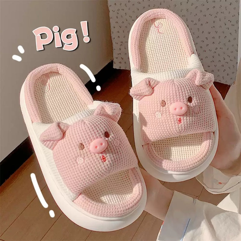 Cute pink pig design linen slippers with 3D pig face and breathable fabric, indoor shoes with EVA sole