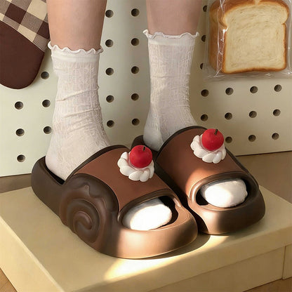 Cute brown cherry cake EVA slide sandals with cream swirl and cherry topper, lightweight indoor shoes