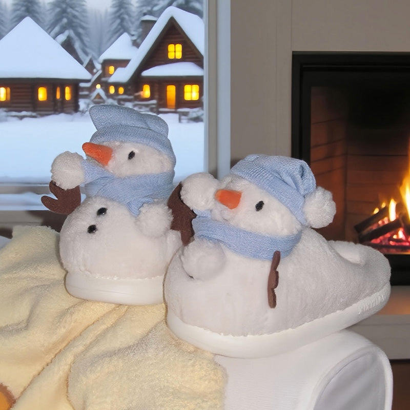 Cute white snowman plush slippers with blue knit hat, scarf, and carrot nose, closed-back fuzzy indoor shoes with EVA sole
