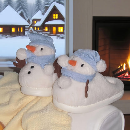Cute white snowman plush slippers with blue knit hat, scarf, and carrot nose, closed-back fuzzy indoor shoes with EVA sole