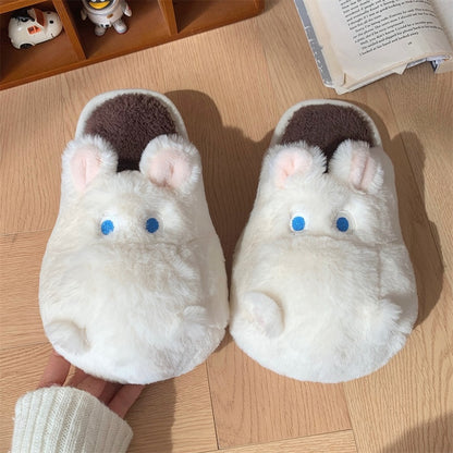 Cute white hippo plush slippers with blue eyes and round nose, closed-back fuzzy indoor shoes with PVC sole