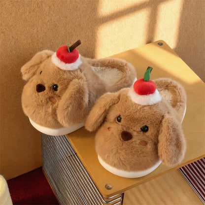 Cute brown dog plush slippers with floppy ears and apple topper, fuzzy indoor shoes with EVA sole