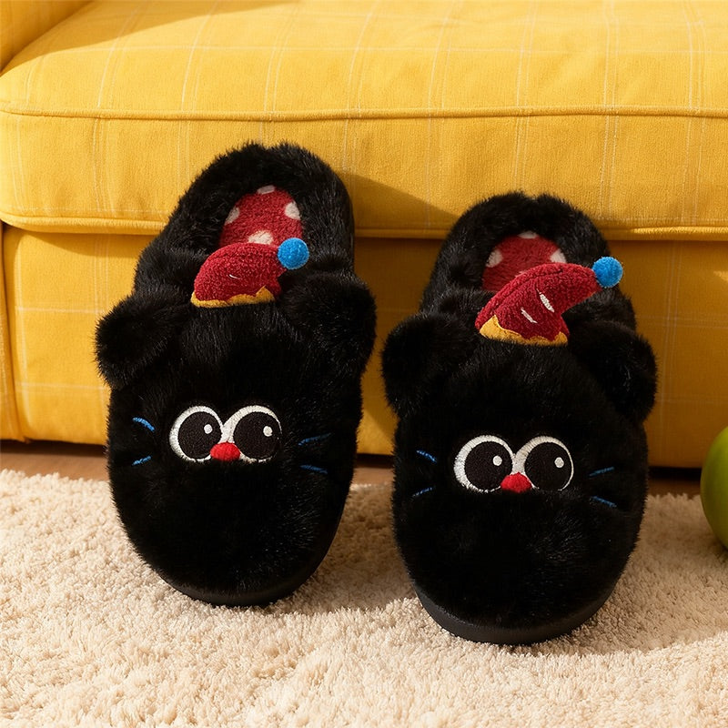 Cute black clown cat plush slippers with red hat, blue pom-pom, and red nose, fuzzy indoor shoes