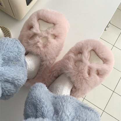 Cute pink paw print plush slippers with 3D paw design, fuzzy faux fur indoor shoes with PVC sole