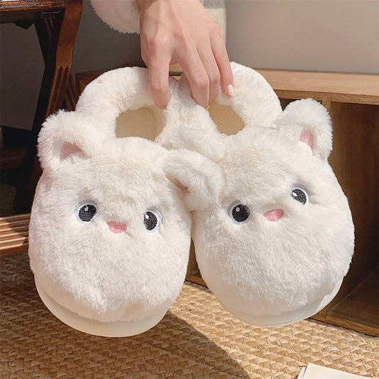 Cute milky white animal plush slippers with big round eyes and pink nose, fluffy faux fur indoor shoes with EVA sole