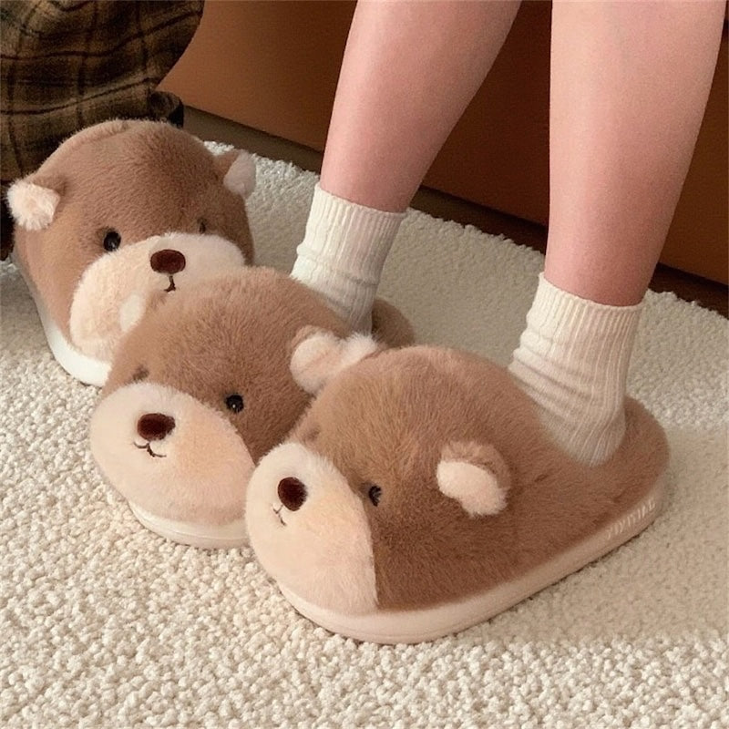 Cute light brown bear design plush slippers with white muzzle and white inner ears, indoor shoes with EVA sole