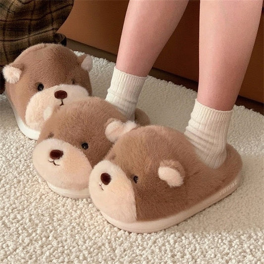 Cute light brown bear design plush slippers with white muzzle and white inner ears, indoor shoes with EVA sole