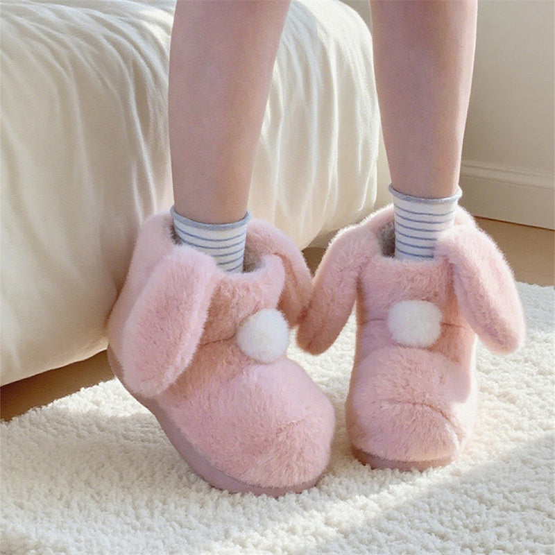 Cute pink bunny bootie slippers with long fuzzy ears and white pom-pom, warm indoor shoes with TPR sole