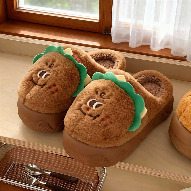 Cute brown burger plush slippers with lettuce topper and face design, closed-back thick sole indoor shoes with EVA sole
