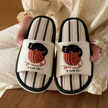 Cute white cat and yarn embroidery slippers with red yarn and striped footbed, flat indoor shoes with PVC sole