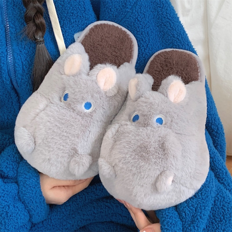 Cute gray hippo plush slippers with blue eyes and round nose, closed-back fuzzy indoor shoes with PVC sole