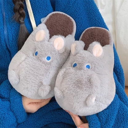 Cute gray hippo plush slippers with blue eyes and round nose, closed-back fuzzy indoor shoes with PVC sole