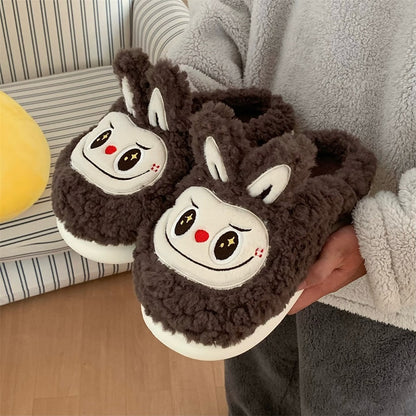 Cute dark brown fuzzy bunny slippers with white face patch and short ears, indoor shoes with EVA sole