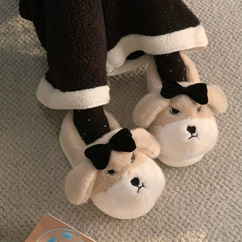 Cute khaki dog plush slippers with floppy ears, closed eyes, and removable black bow, closed-back fuzzy indoor shoes with EVA sole