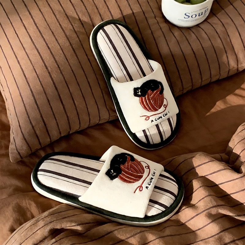 Cute white cat and yarn embroidery slippers with red yarn and striped footbed, flat indoor shoes with PVC sole