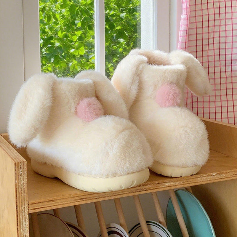 Cute white bunny bootie slippers with long fuzzy ears and white pom-pom, warm indoor shoes with TPR sole