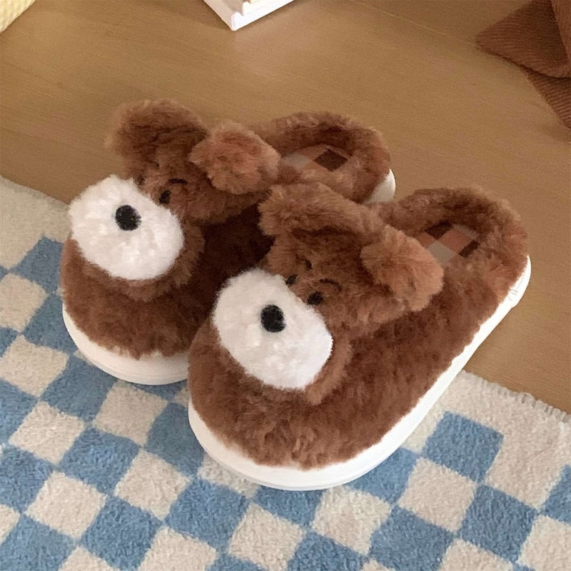 Cute light brown dog plush slippers with white round muzzle and short ears, indoor shoes with EVA sole