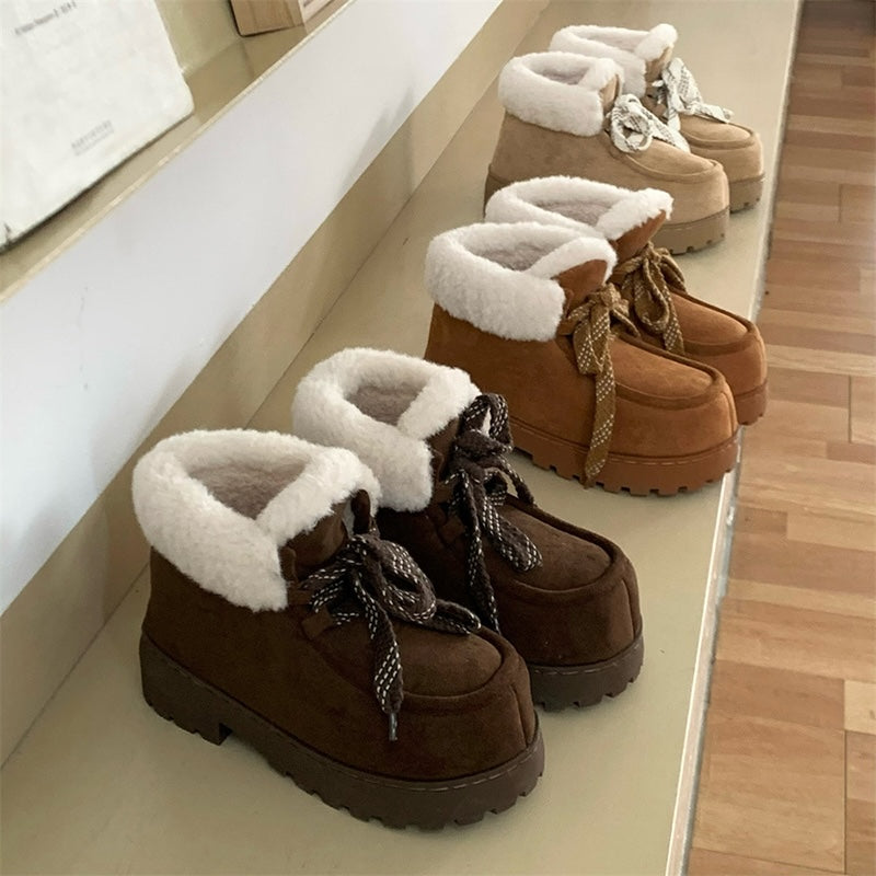 Cute dark brown faux suede bootie slippers with fuzzy trim and chunky rubber sole, lace-up warm indoor shoes