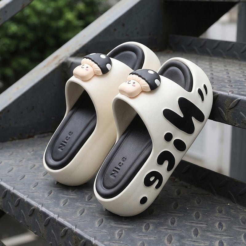 Cute beige mushroom character EVA slide sandals with black dot cap and "Nice" print, chunky indoor shoes