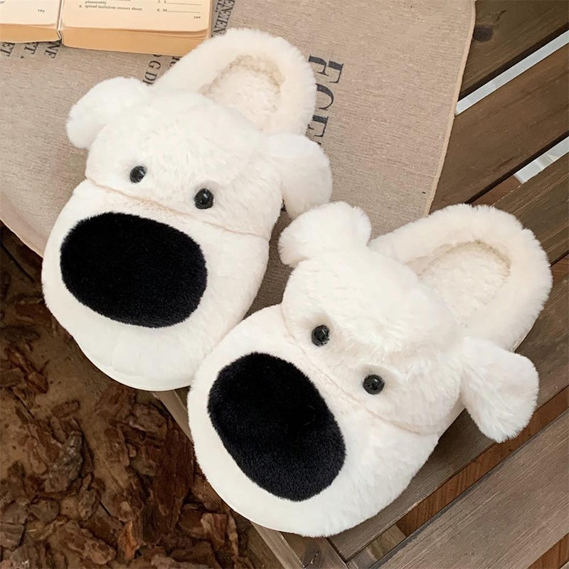 Cute white big nose dog plush slippers with black dot eyes and floppy ears, closed-back fuzzy indoor shoes with EVA sole
