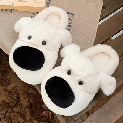 Cute white big nose dog plush slippers with black dot eyes and floppy ears, closed-back fuzzy indoor shoes with EVA sole