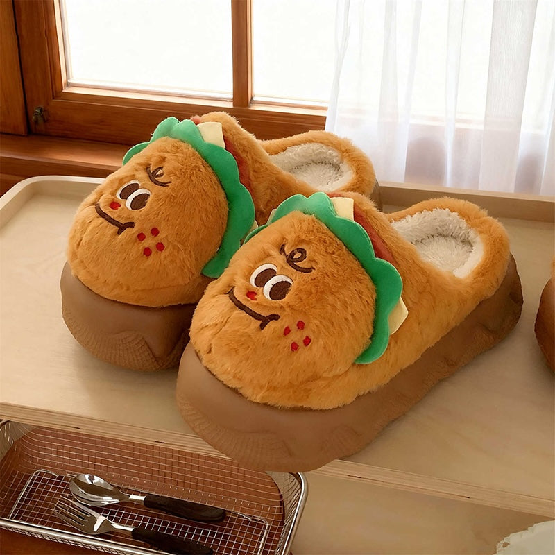 Cute yellow burger plush slippers with lettuce topper and face design, closed-back thick sole indoor shoes with EVA sole