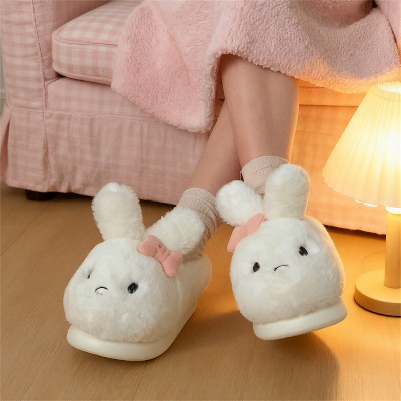 Cute white bunny plush slippers with pink bow and floppy ears, closed-back fuzzy indoor shoes with EVA sole