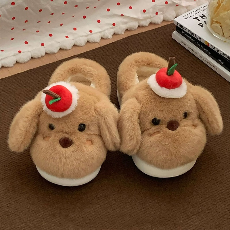 Cute brown dog plush slippers with floppy ears and apple topper, fuzzy indoor shoes with EVA sole