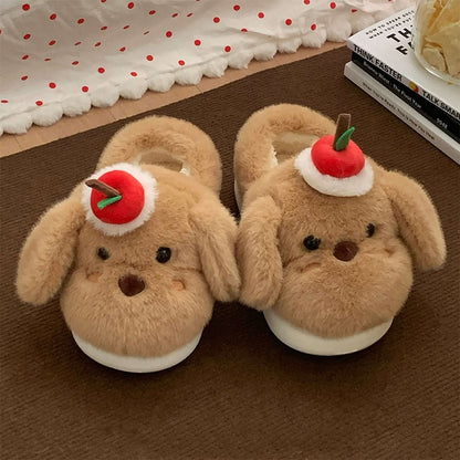 Cute brown dog plush slippers with floppy ears and apple topper, fuzzy indoor shoes with EVA sole