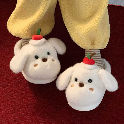 Cute white dog plush slippers with floppy ears and apple topper, fuzzy indoor shoes with EVA sole