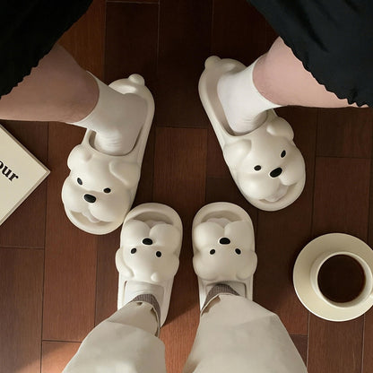 Cute white 3D dog EVA slide sandals with big nose and floppy ears, lightweight indoor slip-on shoes