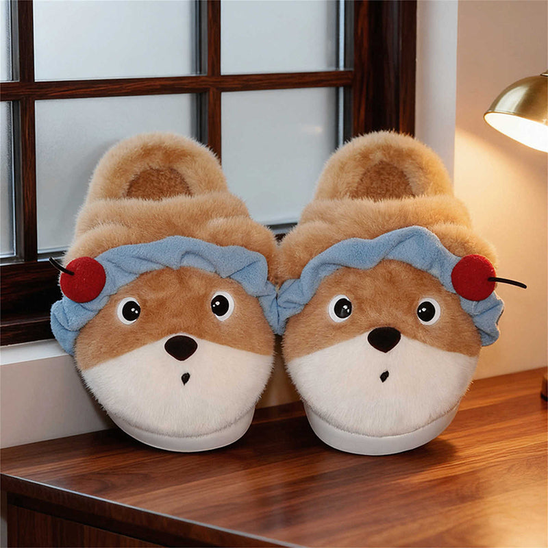 Cute khaki bear plush slippers with blue ruffled headband and cherry topper, fuzzy indoor shoes with EVA sole