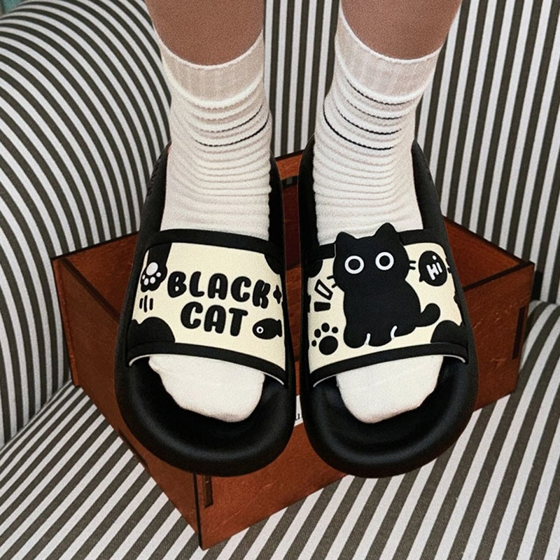 Cute black cat print EVA slide sandals with "Hi" bubble and text, all-EVA slip-on shoes for indoor and outdoor