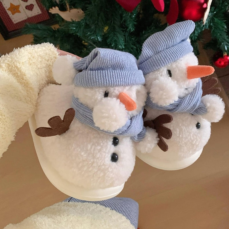 Cute white snowman plush slippers with blue knit hat, scarf, and carrot nose, closed-back fuzzy indoor shoes with EVA sole