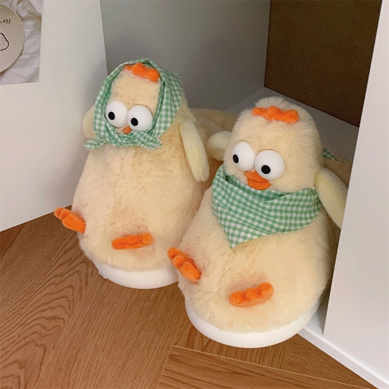 Cute yellow chicken plush slippers with green plaid scarf, big eyes, and orange details, fuzzy faux fur indoor shoes with EVA sole