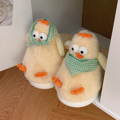 Cute yellow chicken plush slippers with green plaid scarf, big eyes, and orange details, fuzzy faux fur indoor shoes with EVA sole