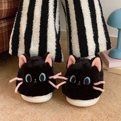 Cute black cat plush slippers with pink ears, blue eyes, and pink whiskers, closed-back fuzzy indoor shoes with EVA sole