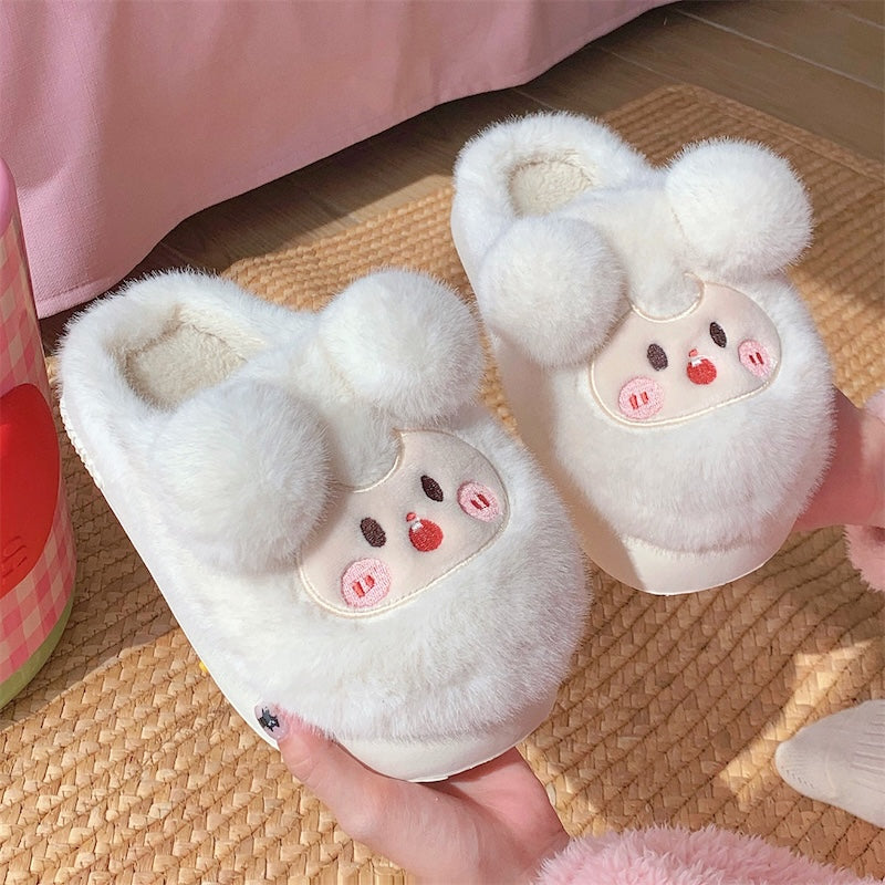 Cute beige sheep plush slippers with round fluffy ears and embroidered face patch, fuzzy indoor shoes with EVA sole