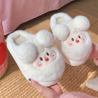 Cute beige sheep plush slippers with round fluffy ears and embroidered face patch, fuzzy indoor shoes with EVA sole